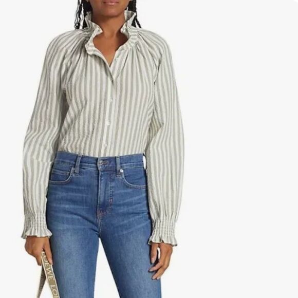 Veronica Beard NWT Calisto Green & Cream Striped Ruffle Collar Shirt $298 - Picture 10 of 12